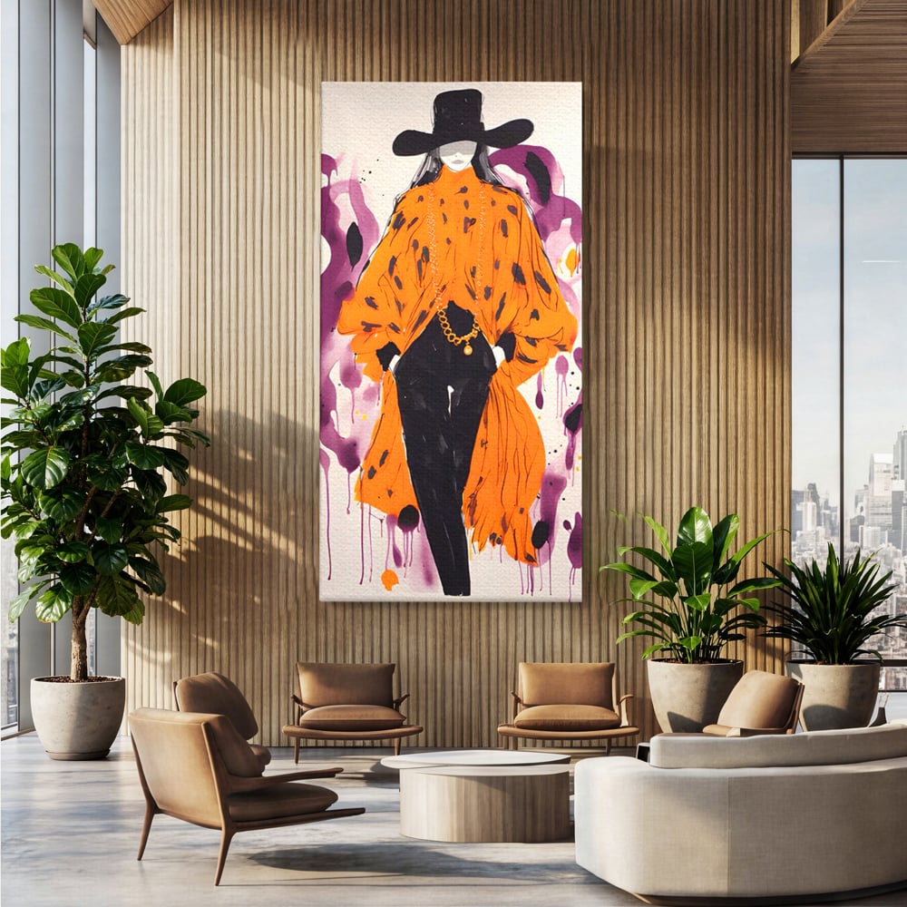 Tablou canvas cu ilustratie fashion cu femeie in costum portocaliu, fara rama, pe sasiu de lemn, pe perete intr-un birou